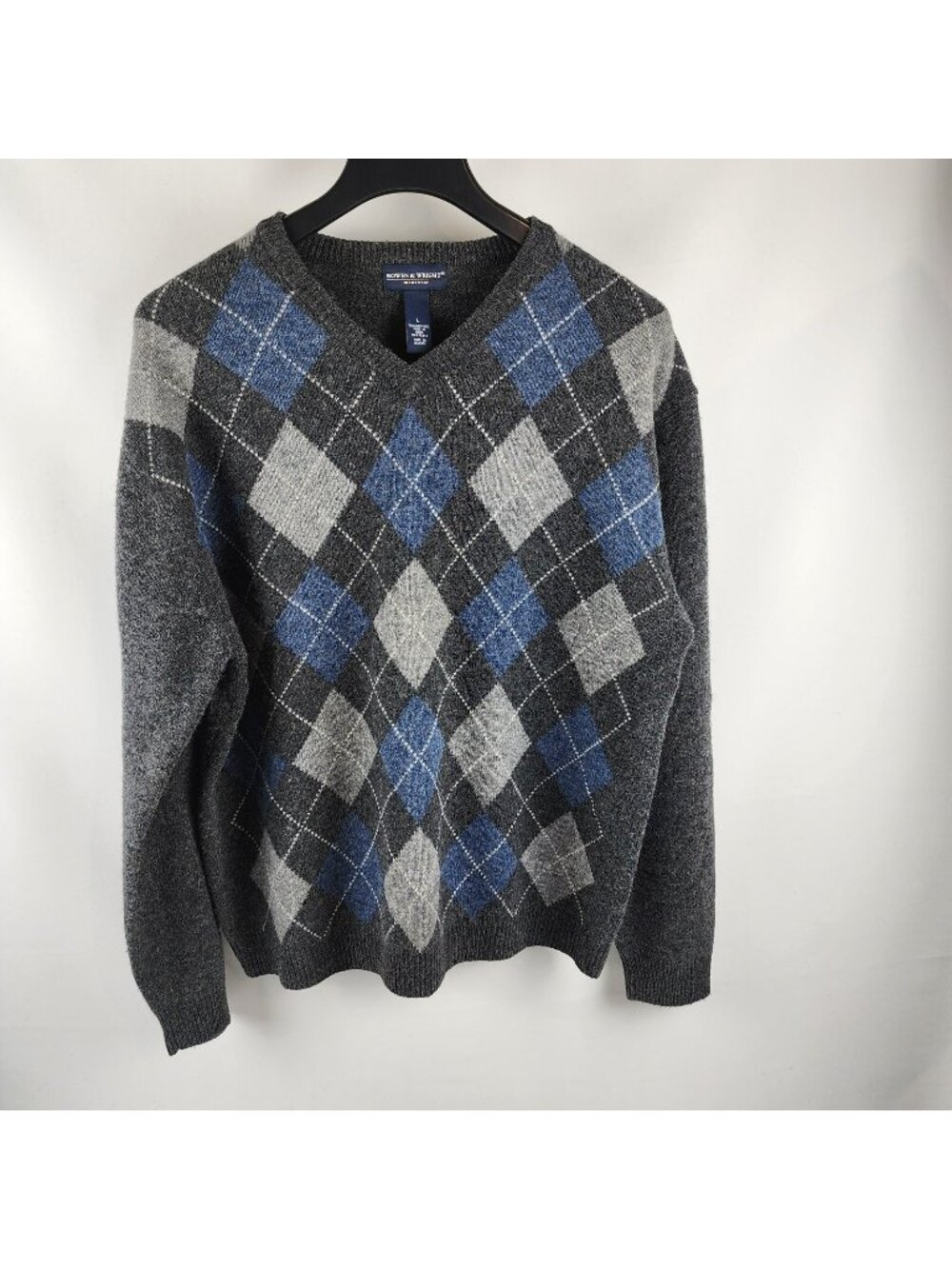 Bowen & Wright Sweater Mens Large 100% Lambs Wool Multicolor Argyle V-Neck